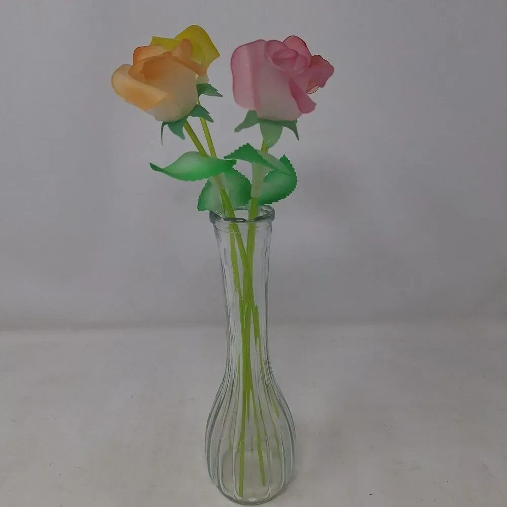Artificial Floral Arrangement Glass Bud Single Stem Vase Colorful Plastic Roses
